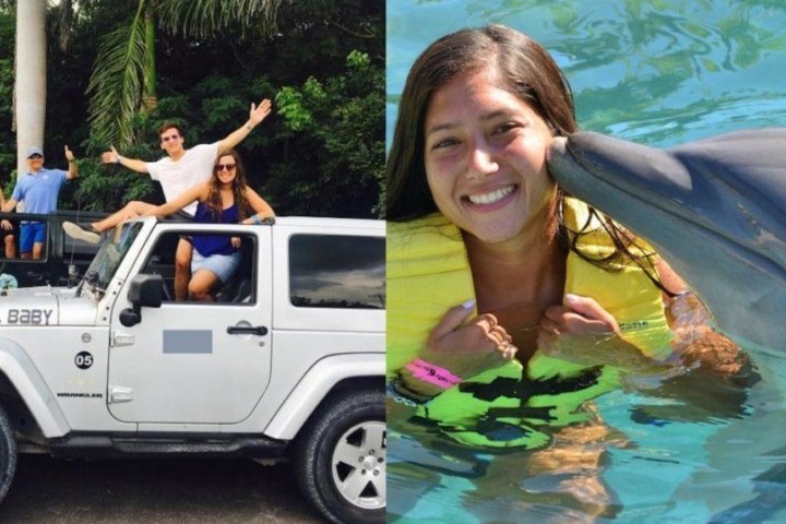 people jeeping and girl with dolphin